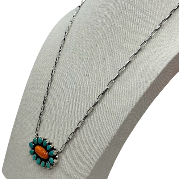 925 Sterling Silver Natural Spiny Oyster & Kingman Turquoise Cluster Necklace - Picture 4 of 7